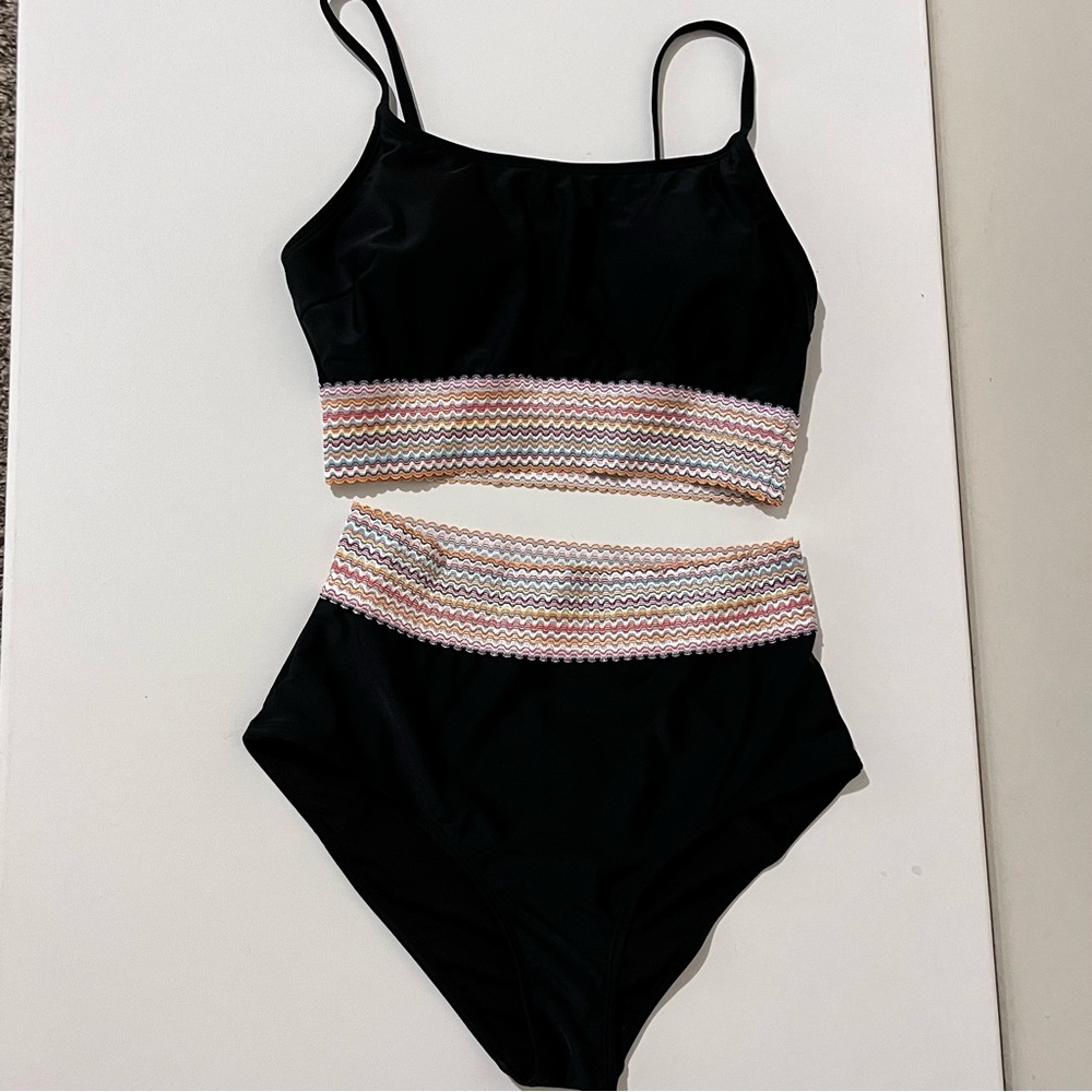 Eytino Womens High Waist Bikini Set Black Rainbow Color Block Vacation M NWOT - Picture 2 of 6